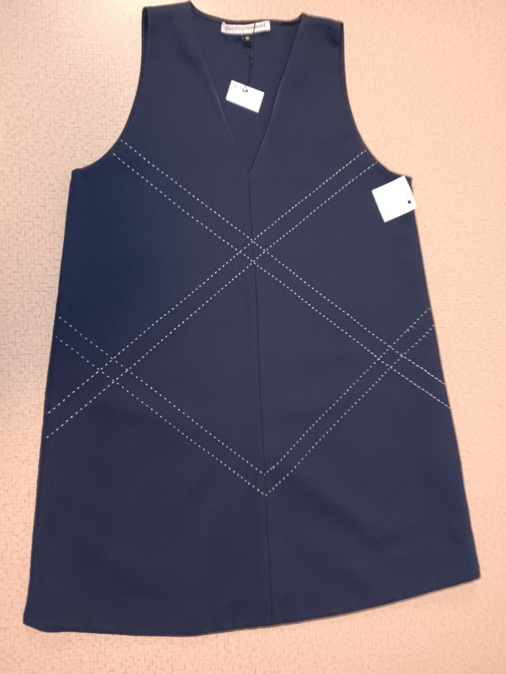 NWT Adolfo Dominguez Navy Blue V-Neck  Dress Geometric Stitching Sz 38